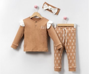 9-24 Ay Kız Bebek Pijama | Saf Pamuk Doğal Yaprak Baskılı Takım