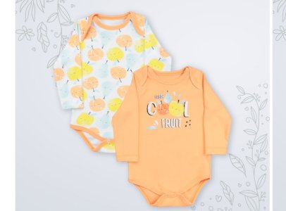 6-18 Ay Unisex Badi | Saf Pamuk Meyve Baskılı 2'li Zıbın Seti